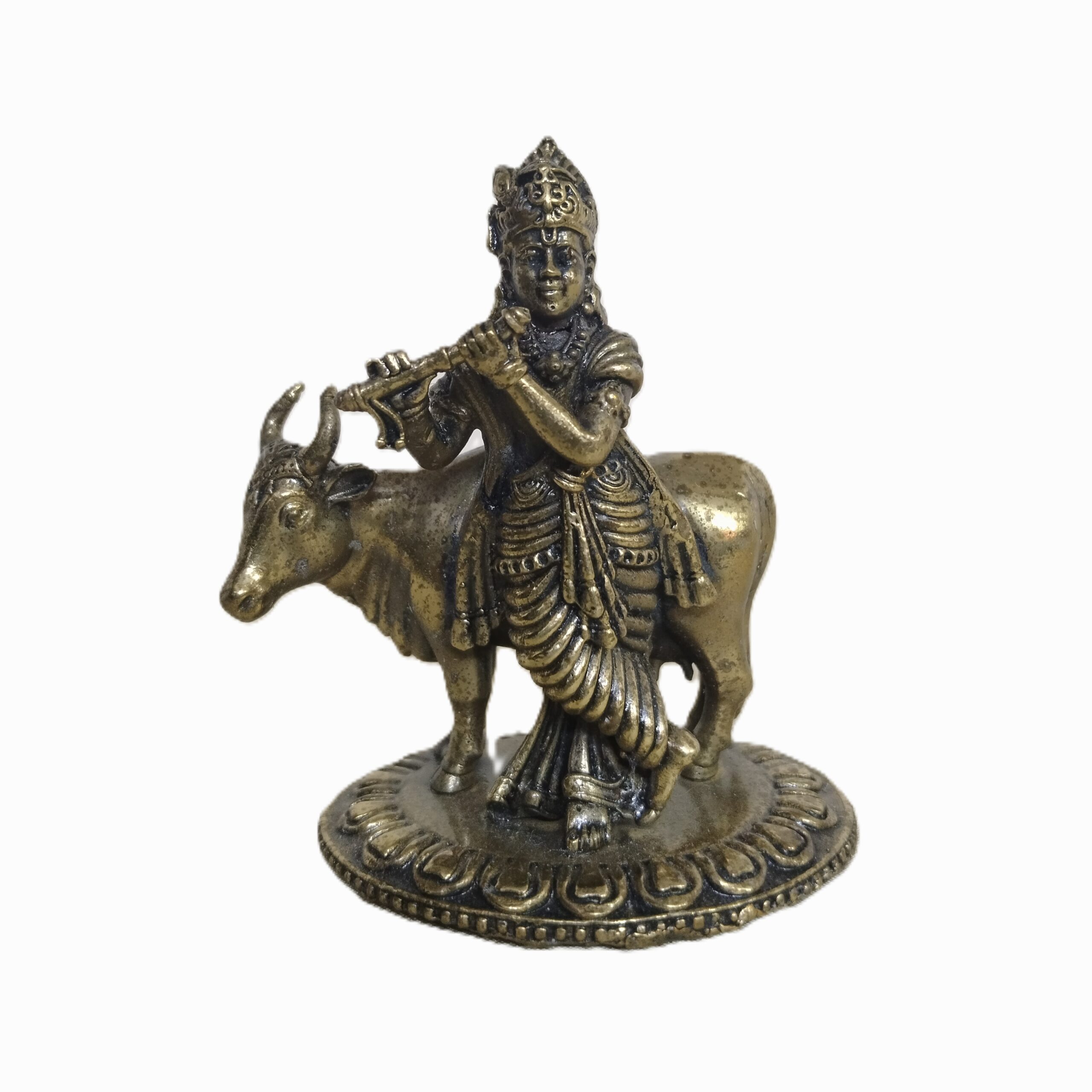 Lord Krishna with Cow Antique Brass Statue – 3 inch