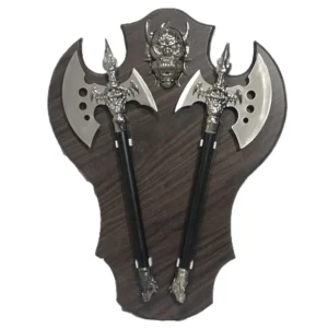 Close-up view of antique double axe wall hanging metal design by POZHI Decor