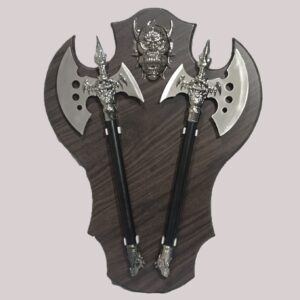 Double axe wall hanging on wooden plaque royal warrior decor by POZHI Decor
