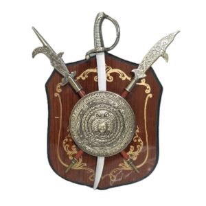 Royal sword and shield wall hanging on wooden plaque antique warrior decor by POZHI Decor
