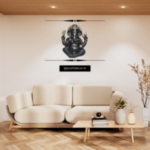 Black and Gold Lord Ganesha Wall Hanging Displayed in Living Room Interior – POZHI Decor